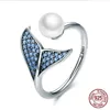 925 anneaux en argent réel Sterling Ouvrir l'Fish Tail avec des bijoux bague de fiançailles de mariage de perles pour les femmes 0001HW