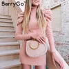 BerryGo سلحفاة الرقبة اللباس Bodycon محبوك النساء النفخة الكتف سترة الوردي اللباس الشتاء الإناث السيدات مثير الخريف vestidos قصيرة T200318