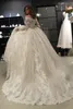 2019 Arabic Bateau Neck Lace Ball Gown Wedding Dresses Long Sleeves Tulle Applique Ruched Sweep Train Bridal Wedding Gowns robe de mariée