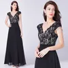 Sexy Zwarte Avondjurk Lange V-hals Lange Chiffon Prom Dress met Floral Lace Rits Terug formele jurken