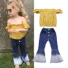 New Arrivels Toddler Kid Baby Girl Tops à épaules dénudées Denim Pantalon évasé Jeans Outfit 2-7T