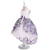 Pink Blue Purple Princess Bomb Embroidered Flower Long Trailing Dress For Girl Host Costume 5 Years 6 Years