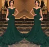 2019 Newest Arabic Dark Green Sequined Mermaid Evening Dresses v neck Off The Shoulder Ruched Floor Length Evening Prom Gowns Party Dress