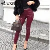 Wlwxr outono inverno pu calças de couro mulheres calças senhoras 2019 cintura alta calça magro feminino preto rosa vermelho sexy bodycon