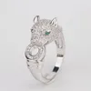 Hot Sale Mode Lady Brass Full Diamond Green Eyes Zircon Leopard Head 18K Guld Bröllop Förlovningsringar Storlek6-9