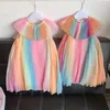 2022 Summer Rainbow Dress Kid Party Dresses Fashion Princess Pleated Dress Maid Girl Costume Cute Kids Belle Clothing