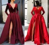 Cheap Sexy Preto Burgundy Red Velvet Prom Dresses V Neck mangas compridas Side Dividir Sashes Pavimento comprimento Plus Size vestido de festa vestidos de noite