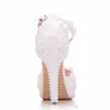 Beautiful Handmade White Lace Flower Peep Toes Wedding High Heels Buckle Straps Summer Women Sandals 10 cm Platforms Bride Shoes