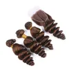 Koyu Kahverengi Gevşek Dalgalı 4x4 Dantel Kapatma Örgüleri ile 4 Adet Lot Gevşek Dalga # 4 Çikolata Kahverengi Brezilyalı Bakire Saç 3 Demetleri ile Kapatma