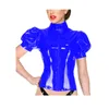 Grande taille été fermeture éclair avant manches bouffantes hauts femmes Look mouillé col haut PVC mince T-Shirt discothèque danse Performance Costume