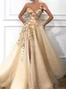 2023 Luxurious Champagne Evening Dress A Line One Shoulder Lace Appliques 3D Floral Flowers Beaded Split Special Occasion Prom Dre9146947