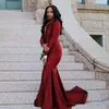 Wine Red Prom Gowns With Full Sleeves V-neck Evening Long Party Dress For Women Vestidos De Cerimonia