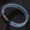 Dubbelskikt retro blå flätad läder armband män smycken mode rostfritt stål magnetiska lås med manlig handledsgåva3729850