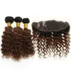 # 1B / 30 Średni Auburn Ombre Indian Głębokie Wave Human Hair 3 Wiązki z czołowymi brązowymi kręconymi włosami splotów z koronkowym zamknięciem czołowym 13x4