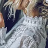 Lace Crochet Hollow Out White Women Shirts Ruffles Long Sleeve Transparent Stand Collar Ladies Blouses 2019 Elegant Fashion Tops