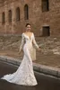 Underbara spets djupa v nacke bröllopsklänningar Mermaid Vestido de Novia med avtagbar tåg Långärmad Baklösa Brill Bröllopsklänningar