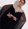 2022 Lüks Fas Arapça Dubai Kristaller Gelinlik Modelleri Şifon Örgün Akşam Parti Abiye Bir Çizgi Cape Kollu Yüksek Boyun Boncuklu Kadınlar Siyah Özel Durum Elbise