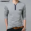 Coodrony Bomull T-shirt Men 2019 Vår Höst Ny Långärmad T-shirt Män Henry Collar Tee Te Shirt Men Fashion Casual Toppar 7617 CX200703