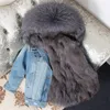 2019年の冬のジャケットの女性の本物の毛皮のコートパーカーリアルアライグマの襟の毛皮の皮革爆撃機デニムジャケットストリートウェアインファッション