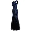 ANGFASHIONEN Women039s rundes Nackenmuster Pailletten Spleißen Tüll -Party -Kleid Flapper Langer Meerjungfrau Abendkleid 3775163912