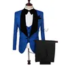 Blauwe Print Bruidegom Tuxedos 2019 GroomsMen Black Sjaal Revers One Button Mannen Past Bruiloft / Prom Beste Man Blazer (Jack + Pants + Vest + Bow)