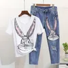 Spring Summer Fashion Women Set Diamond Sequins Cartoon Short Sleeve T-shirt Tops + Hole Denim Pants 2Pcs Feminine Jeans Suits