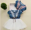 Vente en gros - Summer Korean Girls Denim Gaze Tutu Dress Girl Sweet Ruffle Dress avec ceinture à manches courtes Baby Kids Princess Dress
