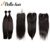 Carita de cabelo virgem peruana reta com fechamento de renda 4x4 Parte livre do meio 3 Pe￧as TOP TOP REMUROS 3 Bundles Bellahair