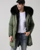 7 kleuren Mannen sneeuwjassen zwart wasbeerbont trim hoody winddicht Meifeng merk zwart konijnenbont voering legergroen canvas lange parka