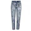 Retro blauwe metalen geborduurde kralen losse denim dames broek recht gewassen gaten Mid-taille jeans voor vrouwen