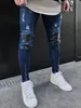 Joelho rasgado clássico trecho jeans homens homens azuis denim skinny calças hip hop masculino streetwear buracos moto elástico calças