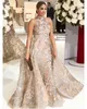 Yousef Aljasmi 2019 High Neck Prom -klänningar med löstagbart tåg Modig lyxig glänsande spetssapplikation Plus Size Evening Pageant Wear 228h