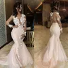 Tulle Mermaid Prom Vestidos Ilusión de manga larga Apliques de encaje de barrido vestidos de fiesta de la noche con flores hechas a mano