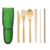 Voyage bambou bois couverts couverts ensemble vaisselle réutilisable bambou fourchette couteau cuillère baguettes paille nettoyant écologique pique-nique ustensiles