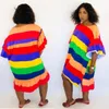 Kobiety Okrągły Neck Nieregularne Midi Dress Rainbow Kolor Flare Rękaw Pasek Sukienka Casual Beach Luźne Suknie