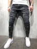 Herrens casual denim jeans skum smala knän hål hiphop byxa tvättade god kvalitet292h