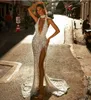 High Side Split Silver Evening Dresses High Collar Lace Sequins Sexy Backless Mermaid Prom Dress Sweep Train Red Carpet Gowns