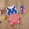 Zomer peuter kleding schattige baby meisjes mouwloze VS onafhankelijkheid dagen algemene haarbanden baby twee stuk sets rode gestreepte jumpsuits D6415