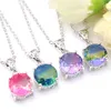 Luckyshine 4 Pair 925 Sterling Silver Necklace Jewelry Rainbow Round Cut Tourmaline Gems Charm Women Pendant Set Fashion Party Gift