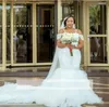 African Plus Size Mermaid Wedding Dresses Spaghetti Straps Off Shoulder Lace Appliques Beaded Tiered Tulle Open Back Long Train Bridal Gowns