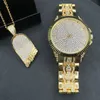 Gold hip hop jewelry stylish watch Necklace Combo Set Watch Diamond Men Iced Out Pendant w/ Franco Chain