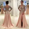 Sparkly Blush Pink Formal Prom Dresses 2019 V-Neck Z Długim Rękawem Zroszony Kryształ Arabski Dubaj Okręg wieczorem Party Gown Plus Size