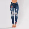 Stretch Embroidered Jeans For Woman Elastic Flower Jeans Female Slim Denim Pants Hole Ripped Rose Pattern Pantalon Femme