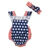 Baby Girl Clothes Stars Striped Girls Rompers Headband Set Backless Toddler Jumpsuits 4th of July Infant Clothes Summer Baby Clothing DW3633