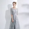 Mingli Tengda High Quality Broderade Sequined Lace Aftonklänningar Röda Halv Ärmar Elegant Kvinnor Patry Dress Silver Round Neck Long Dress