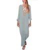 2019 Outono moda sexy mulheres soltas linho impresso manga completa em v-pescoço maxi vestido divisão hem baggy kaftan vestido longo Freeship n4