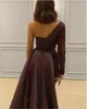 Cheap Burgundy Prom Dresses One Shoulder Long Sleeves Lace Appliques Beaded Side Split Ruched Open Back Plus Size Evening Wear Party Gowns
