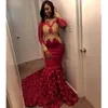 Vintage Maroon Black Girls Prom Dresses With Sleeves And Gold Appliques Tight Fishtail 3D Rose Floral Formal Evening Gowns Graduation Dress