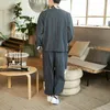 Japanese Style Men Cotton Linen Suit Loose Vintage Streetwear Plus Size Male Spring New Komono Shirt Wide Leg Pants 2 pcs Sets1273h