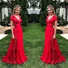 Lindo lace vestidos de dama de honra longa para casamento vermelho pescoço profundo boné manga empregada de honra vestidos de chiffon comprimento dama de dama de honra 2019